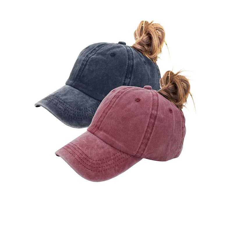 Eohak Ponytail Baseball Hat Distressed Retro Washed Womens Twill - Image 1